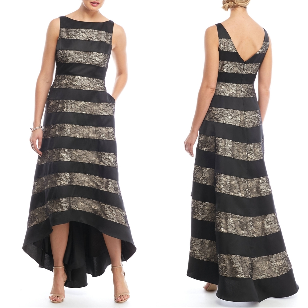 New! ADRIANNA PAPELL Striped Lace High-Low Dress Formal Ball Gown Black Size 6